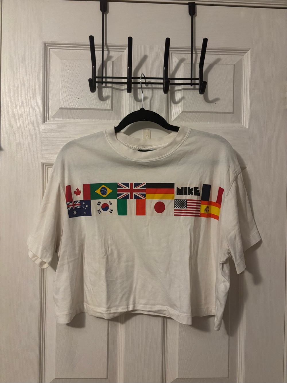 Nike White Short-Sleeve Crop Tee with Multinational Flags